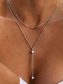 Hihho 1pc Fashionable Versatile Y-Shape Sparkly Zirconia Pendant Necklace, Minimalist Jewelry For Daily Wear & Women Gift, Elegant - 銀色 - 查看 10