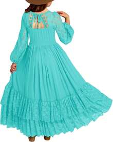 2026 Girls Elegant Lace Flower Boho Dress Long Sleeve Backless Square Neck Ruffle Party Maxi Dress - 10號湖綠 - 查看 1