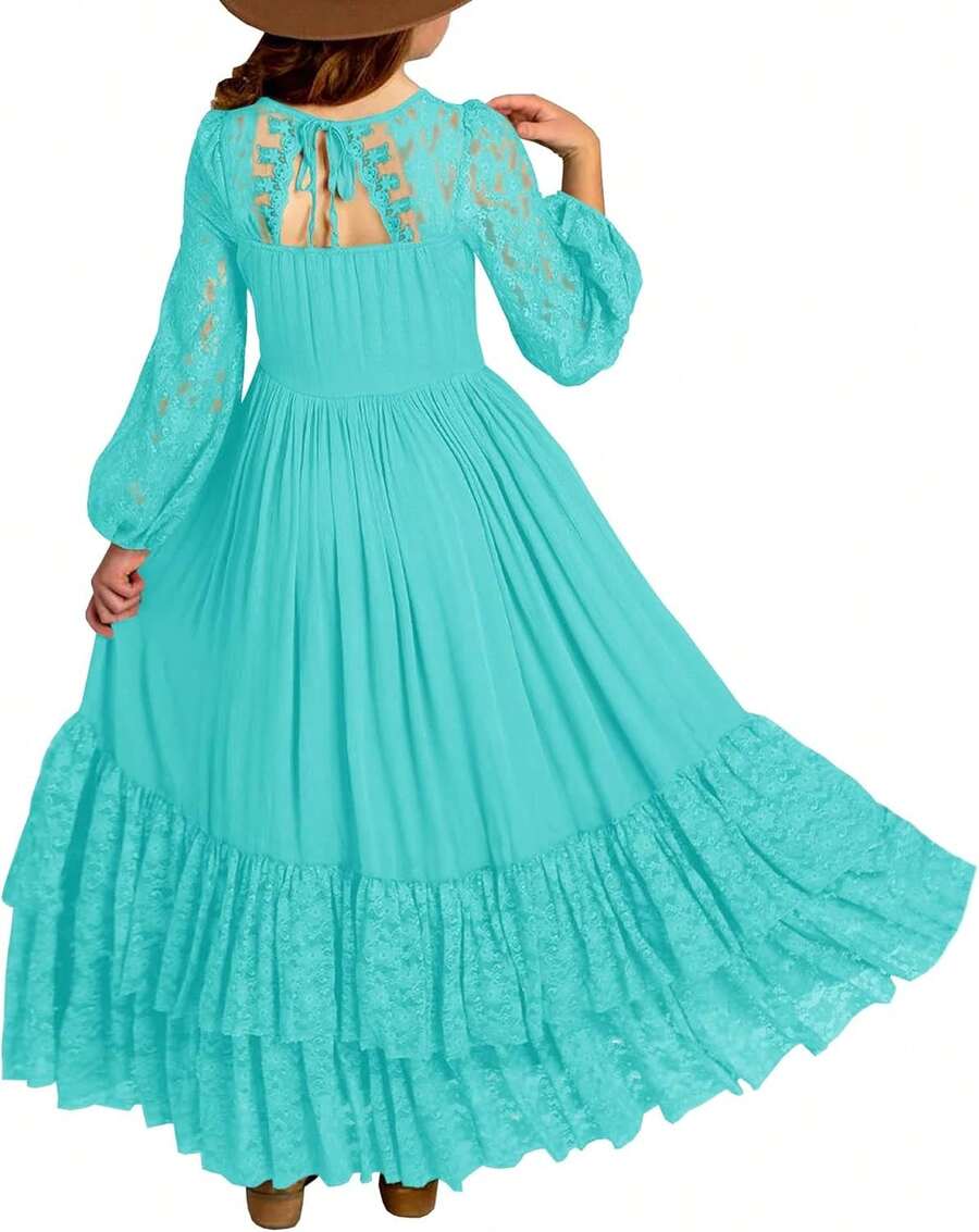 2026 Girls Elegant Lace Flower Boho Dress Long Sleeve Backless Square Neck Ruffle Party Maxi Dress - 10號湖綠 - 查看 1