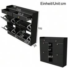 Élégant meuble à chaussures noir avec 4 portes à charnières, 2 tiroirs et 3 compartiments ouverts – idéal pour les entrées et couloirs modernes, dimensions 110 x 26 x 100 cm - Voir 7