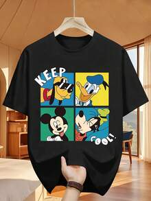 Disney Goofy Donald Duck Mickey Goofy Four-Grid Image With Keep Cool Words Cartoon Style Printed T-Shirt Fashion Design Simple And Versatile, Fashion Design Sense Round Neck Twill Fabric T-Shirt Edging Summer Casual T-Shirt - 黑色 - 查看 1