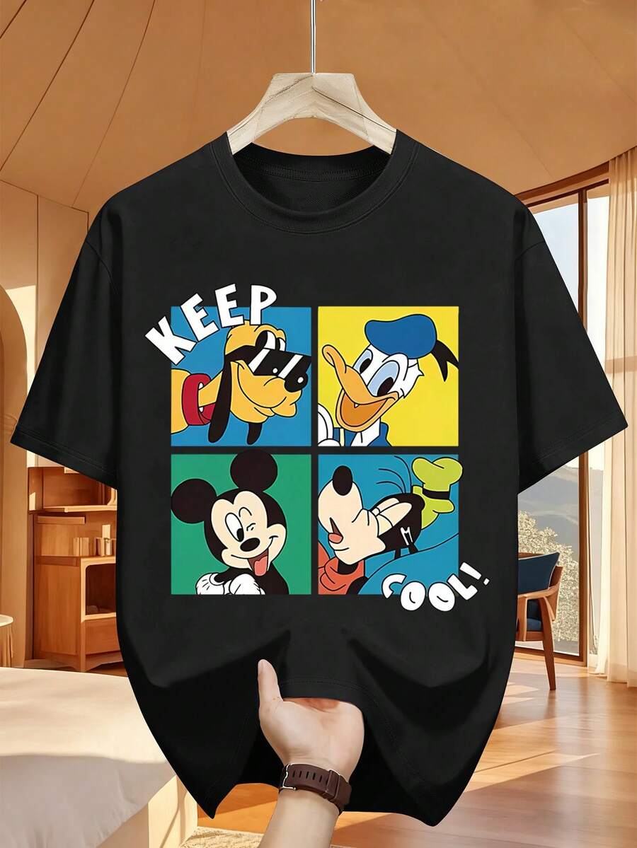 Disney Goofy Donald Duck Mickey Goofy Four-Grid Image With Keep Cool Words Cartoon Style Printed T-Shirt Fashion Design Simple And Versatile, Fashion Design Sense Round Neck Twill Fabric T-Shirt Edging Summer Casual T-Shirt - 黑色 - 查看 1