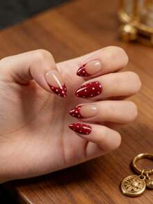 10pcs Handmade Almond-Shaped Red & White Polka Dot Cute Minimalist Elegant False Nails - Multicolor - View 12