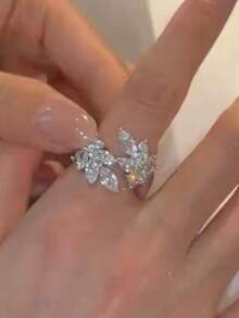 1pc Luxury Sparkling Cubic Zirconia Leaf Design Minimalist Elegant Adjustable Ring For Women - Silver - View 5