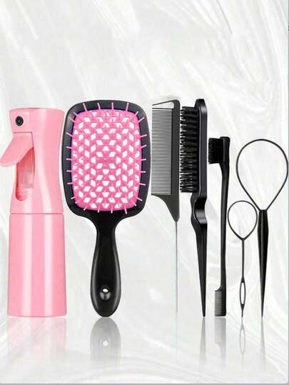 7pcs/Hair Care Brush Combination And Continuous Spray Bottle (6.8oz/200ml) And Edge Brush Mousetail Comb Styling Brush Set, Suitable For Smoothing Hair Style, Styling, Cleaning, Hair Salon, Back To School Travel Holiday Necessities, Women's Hair Accessories, Combs, Hair Brushes, Edge Brushes, Hair Combs, Headpiece