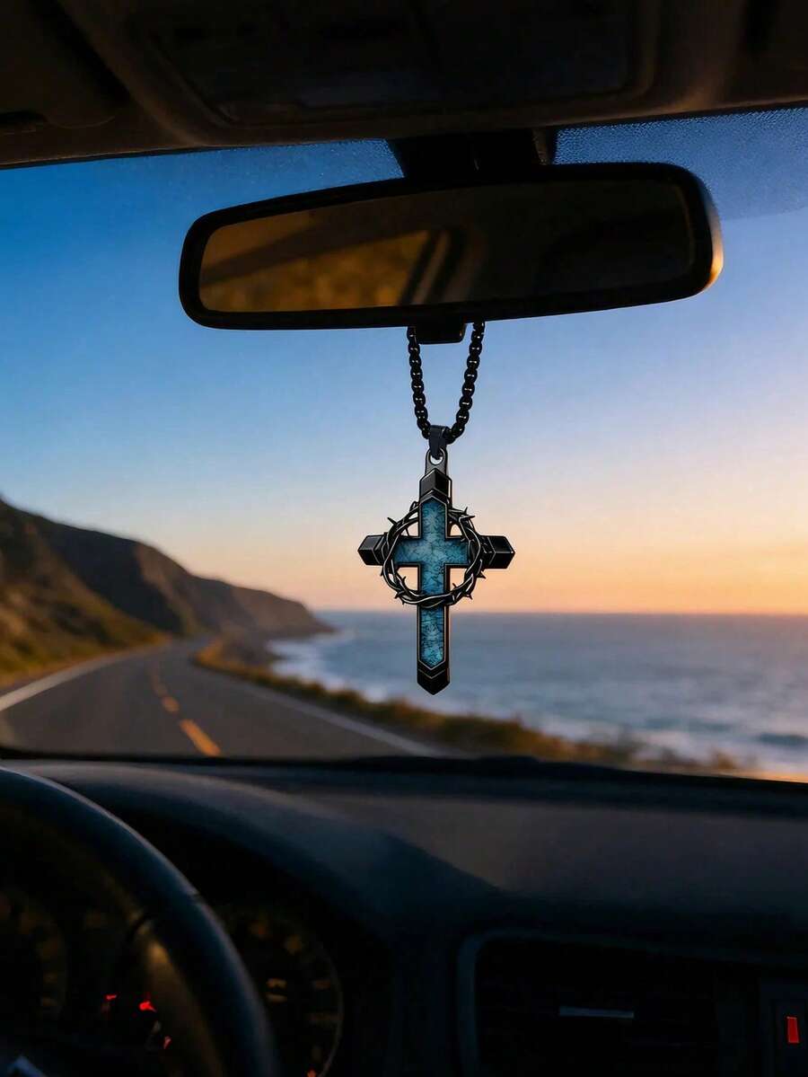 Gothic Style Christian Cross Pendant With Blue Embedded Thorny Wreath Car Hanging Ornament - Religious Faith Rearview Mirror Decor For Spiritual Protection - A - View 1