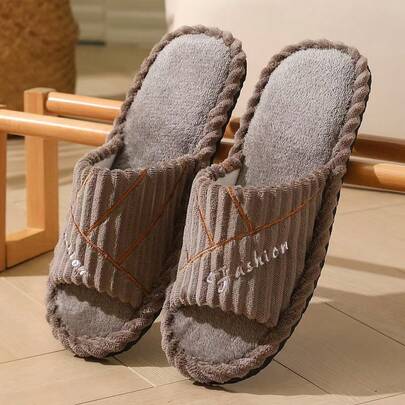 New Fashion Striped Embroidered Open-Toe Slippers, Comfortable Soundless Foam Slip-On Solid Color Basic Fabric Indoor Slippers For Spring, Autumn And Winter