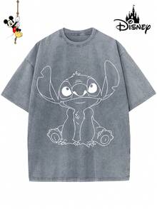 Disney-Licensed Men's Cotton T-Shirt For The 2026 Family Holiday. Featuring A Stitch Motif, Washed Crew Neck, Soft And Comfortable Feel, Easy Care And Suitable For Various Occasions Such As Holidays, Everyday Life And Commuting – Full Of Festive Spirit. - 灰色 - 查看 1