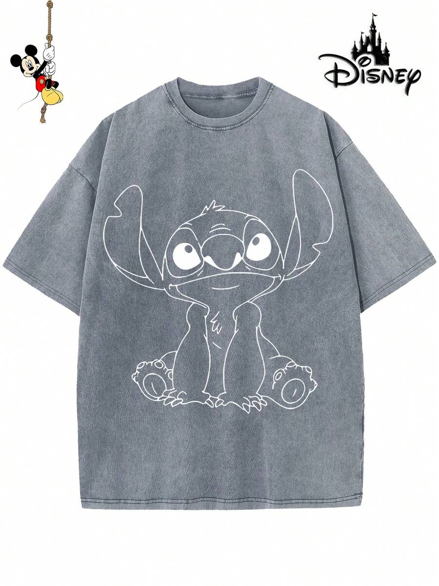 Disney-Licensed Men's Cotton T-Shirt For The 2026 Family Holiday. Featuring A Stitch Motif, Washed Crew Neck, Soft And Comfortable Feel, Easy Care And Suitable For Various Occasions Such As Holidays, Everyday Life And Commuting – Full Of Festive Spirit. - 灰色 - 查看 1