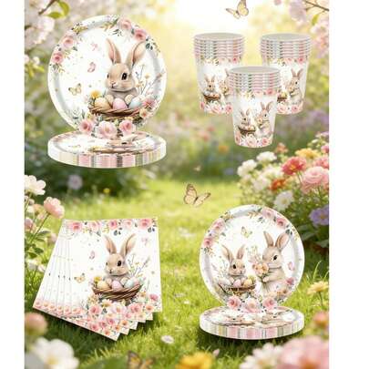 This 50/51/52-Piece Gray Easter Bunny Disposable Tableware Set Includes 10 Dinner Plates, 10 Dessert Plates, 10 Paper Cups, 20 Napkins, 1 Tablecloth, And 1 Pull-Out Banner. This Convenient Tableware Set Is Perfect For Camping, Picnics, Garden BBQs, Baby Showers, Weddings, And Birthday Parties.