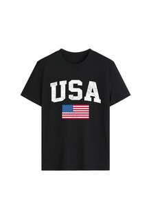 USA Flag Graphic Tee, Classic American Print T-Shirt, Casual 4th Of July Short Sleeve, Classic Style Top Summer - Black - View 3
