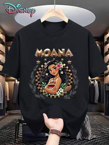 Disney Womens Casual Moana Print Cotton Short Sleeve Round Neck T-Shirt Regular Fit Top - 黑色 - 查看 1