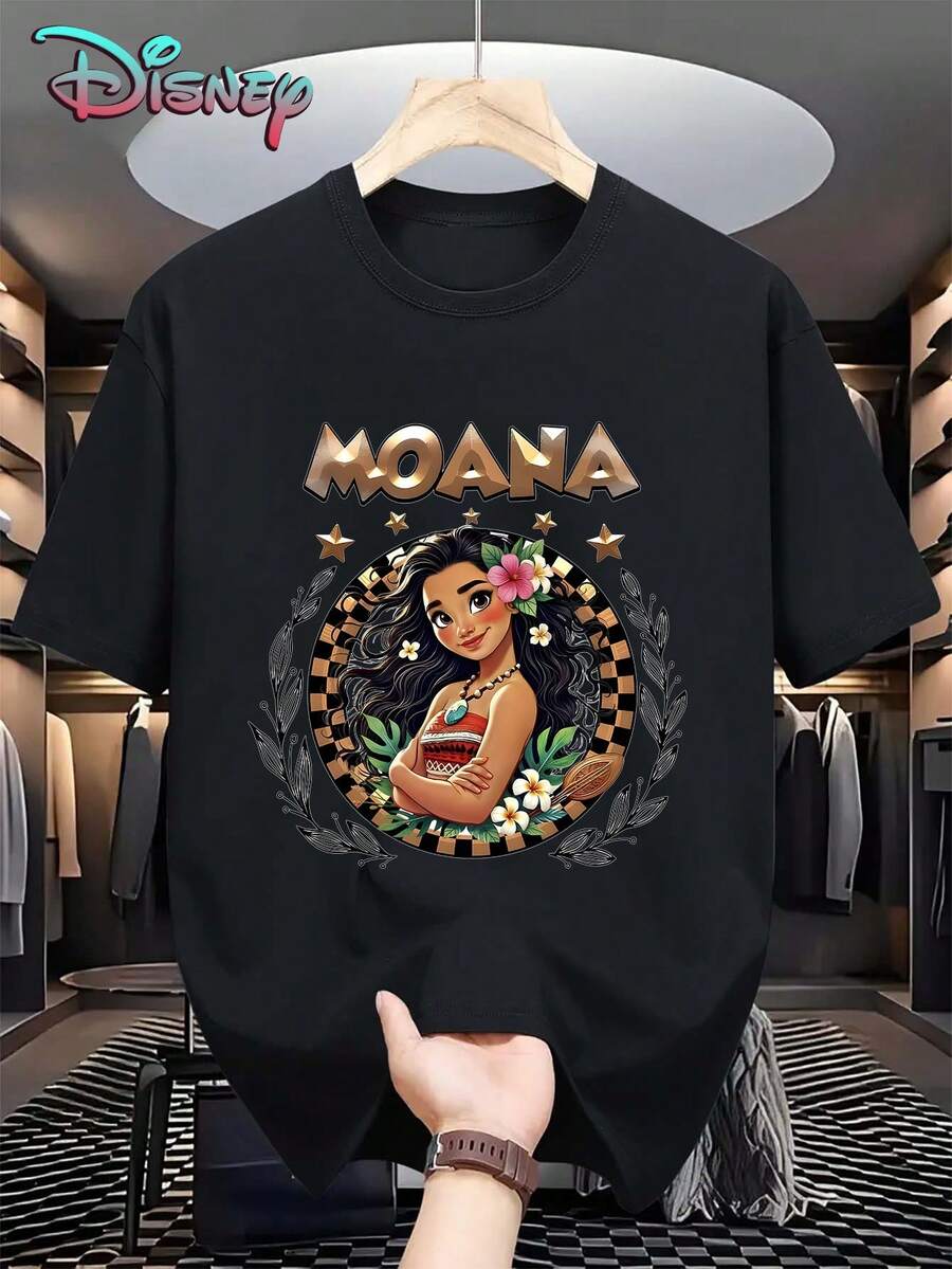 Disney Womens Casual Moana Print Cotton Short Sleeve Round Neck T-Shirt Regular Fit Top - 黑色 - 查看 1