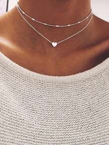 极简心形多层项链，个性化创意吊坠颈链 - 銀色 - 查看 1