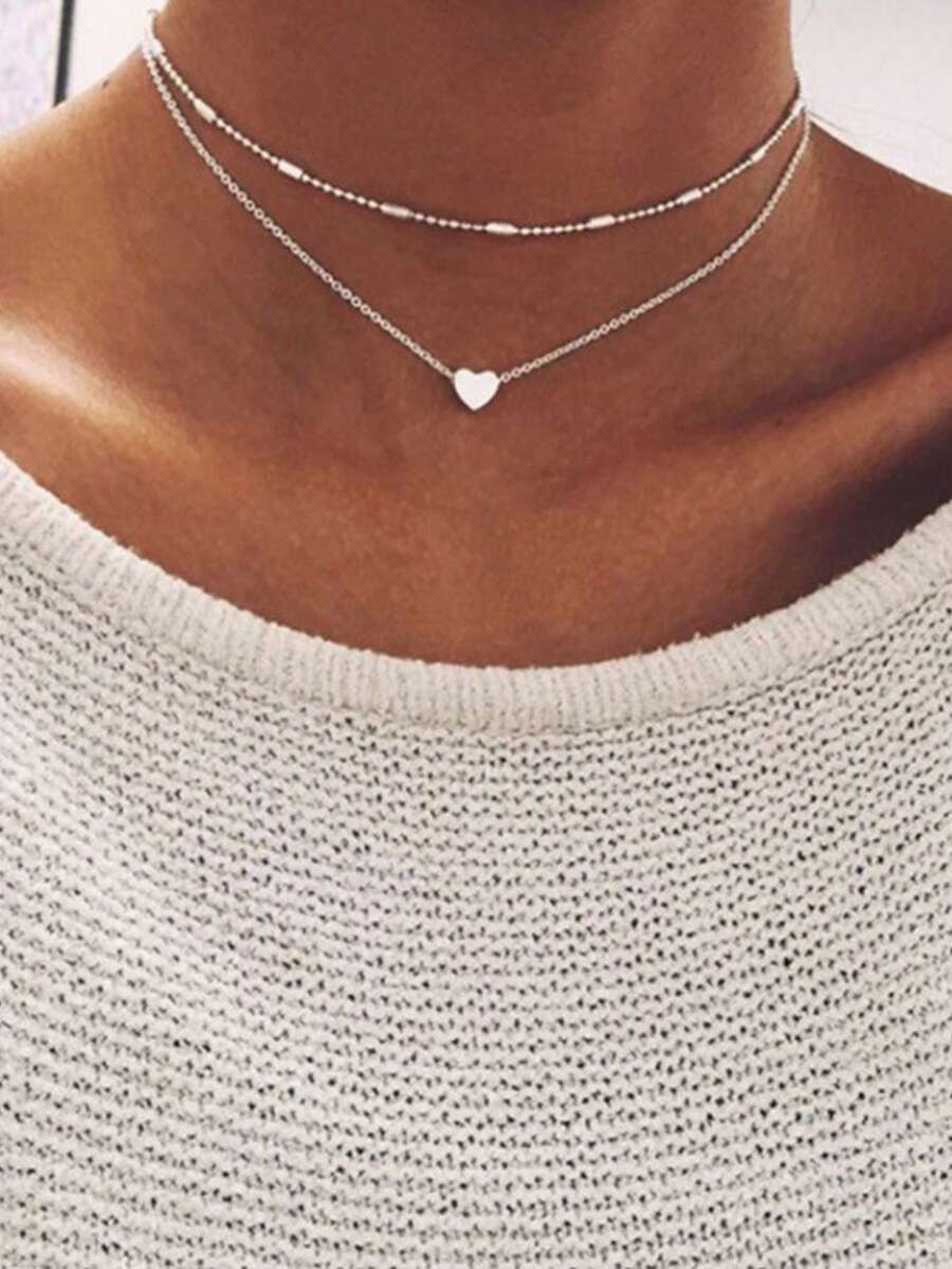 极简心形多层项链，个性化创意吊坠颈链 - 銀色 - 查看 1