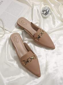 Khaki Lizard Grain Pointed Toe Flat Mule Shoes With Metal Buckle, Elegant Slip-On Loafers For Spring/Summer, Fashionable Lacquered Leather Women Flat Shoes Without Heel - Khaki - View 10