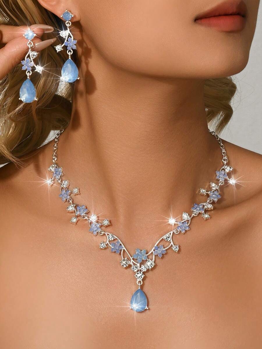 Bộ trang sức dây chuyền và bông tai pha lê hình hoa mới, dây chuyền xương đòn, phụ kiện váy cưới cô dâu. - Màu xanh nhạt - Xem 1