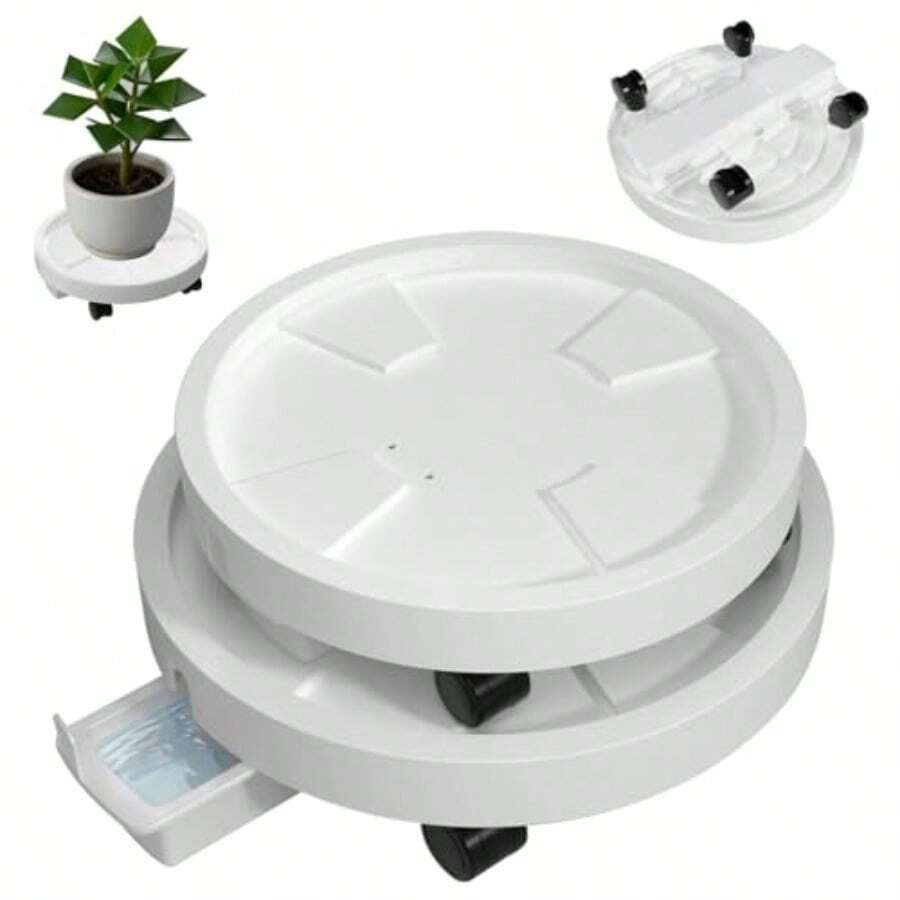 Organizador de plantas de 14 y 12 pulgadas con ruedas ocultas de 360° platillo rodante con orificio de drenaje y bandeja de drenaje extraíble para interiores y exteriores macetas de flores - Blanco - Ver 1
