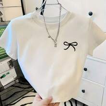 Women's Cropped T-Shirt With Bow Print. Short-Sleeved Cropped Top In Lightweight And Comfortable Fabric. Perfect For Everyday Wear. - trắng - Xem 1