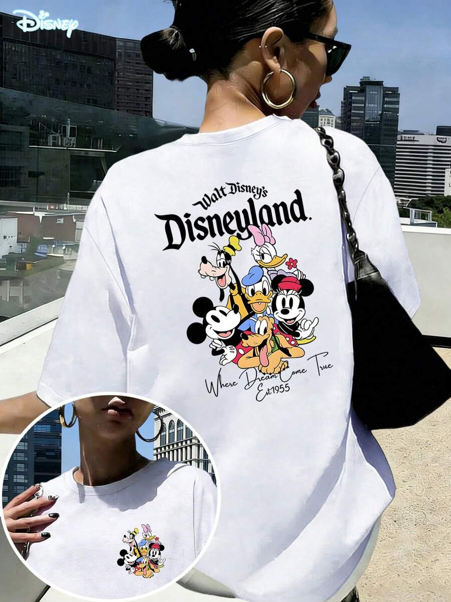 Loose Fit "Walt Disney's Disneyland" Disney Partner Family Portrait Print T-Shirt, Suitable For Summer And Spring, Short Sleeved Top, Women's Clothing, Holiday Gift Party Clothing. - White - View 1