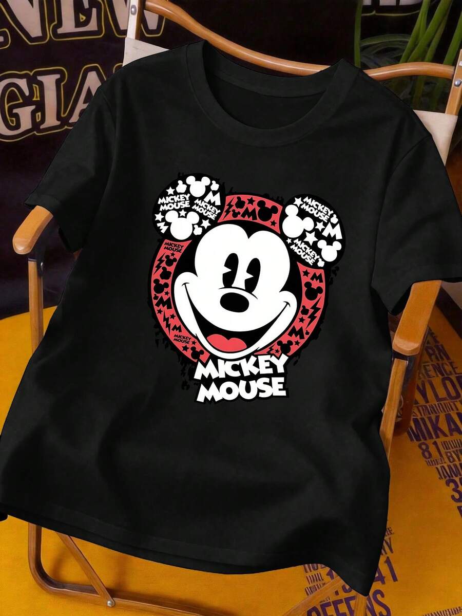 Disney Women's Casual Mickey Mouse Graphic Tee Black Round Neck Short Sleeve Cotton T-Shirt Regular Fit - Black - View 1