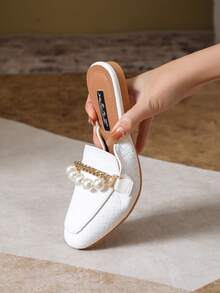 Mengshangli Zuecos con perlas de estilo preppy a cuadros, aptos para la oficina, vacaciones y fiestas en primavera y verano - Blanco - Ver 6