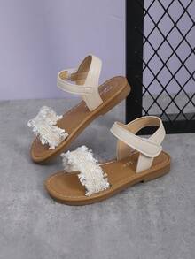 1 Pair Toddler/Kids Beige Flat Sandals, Soft PU Leather, Stitching, Hollow Design, Strap, Round Toe, Soft Non-Slip Sole, Fashion Princess Style Beach/School/Party Wear, Suitable For 3-12 Years Old Girls, Spring/Summer 2026 - Beige - View 1