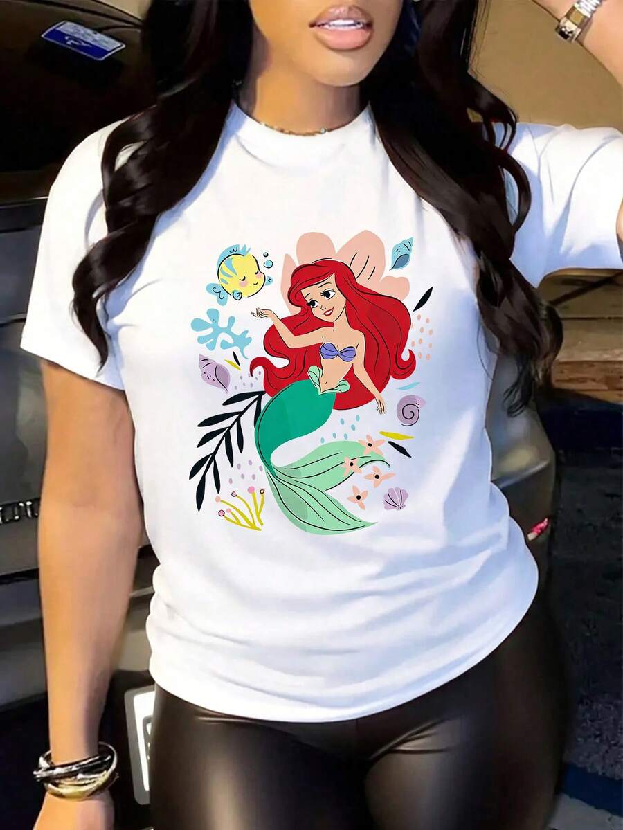 Disney Women's Casual Cotton Ariel Mermaid Print Short Sleeve T-Shirt - 白色 - 查看 1