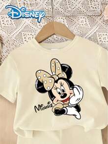Disney Bộ đồ hè 2 món cho bé gái gồm áo thun ngắn tay và quần short in chữ Mickey Mouse và Minnie, trang phục dễ thương cho trẻ em, thích hợp cho kỳ nghỉ, màu trơn, cạp chun, đồ mặc ngoài trời. - Màu be - Xem 3