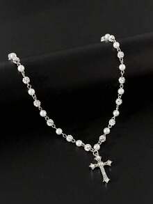 1PC Vintage Elegant Minimalist Cross Decor Faux Pearl Necklace, Men's Hip-Hop Punk Charm Jewelry - 銀色 - 查看 4