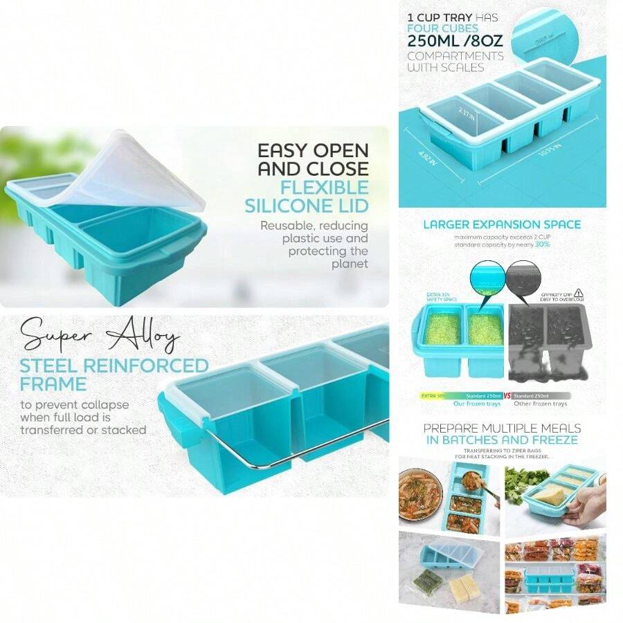 Silicone Freezer Tray With Lid - Soup Freezer Container Molds - Large Cube Tray - Makes 8 1 Cup Portions Cubes, 1 - Pack Freezer Storage Food Soups Meal Prep - Oven Dishwasher - - 一塊,一杯 - 查看 1