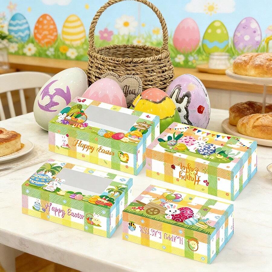 4个复活节兔子蛋形蛋糕盒，带透明窗口，适用于复活节派对、礼品包装、糖果、巧克力、饼干等。 - 彩色 - 查看 1