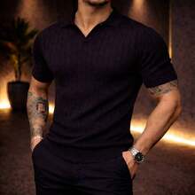 Men's Chic Lightweight Textured Knit Sweater Shirt, High Quality, Perfect For Autumn And Winter, Father's Day. - Black - View 1