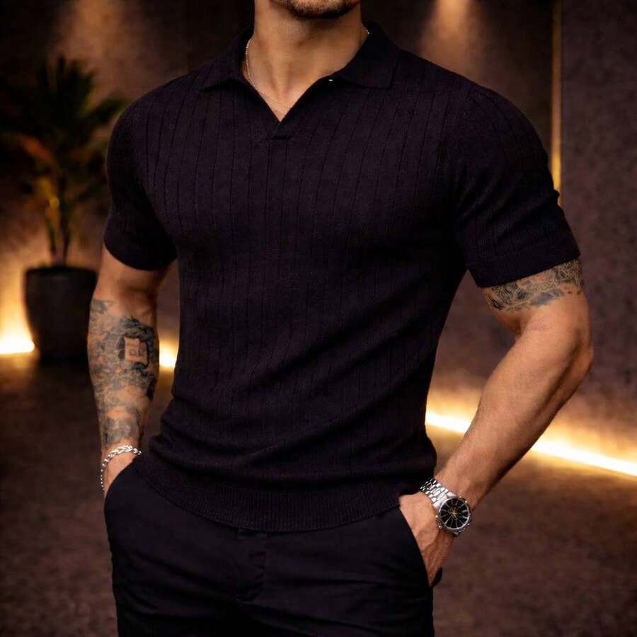 Men's Chic Lightweight Textured Knit Sweater Shirt, High Quality, Perfect For Autumn And Winter, Father's Day. - Black - View 1