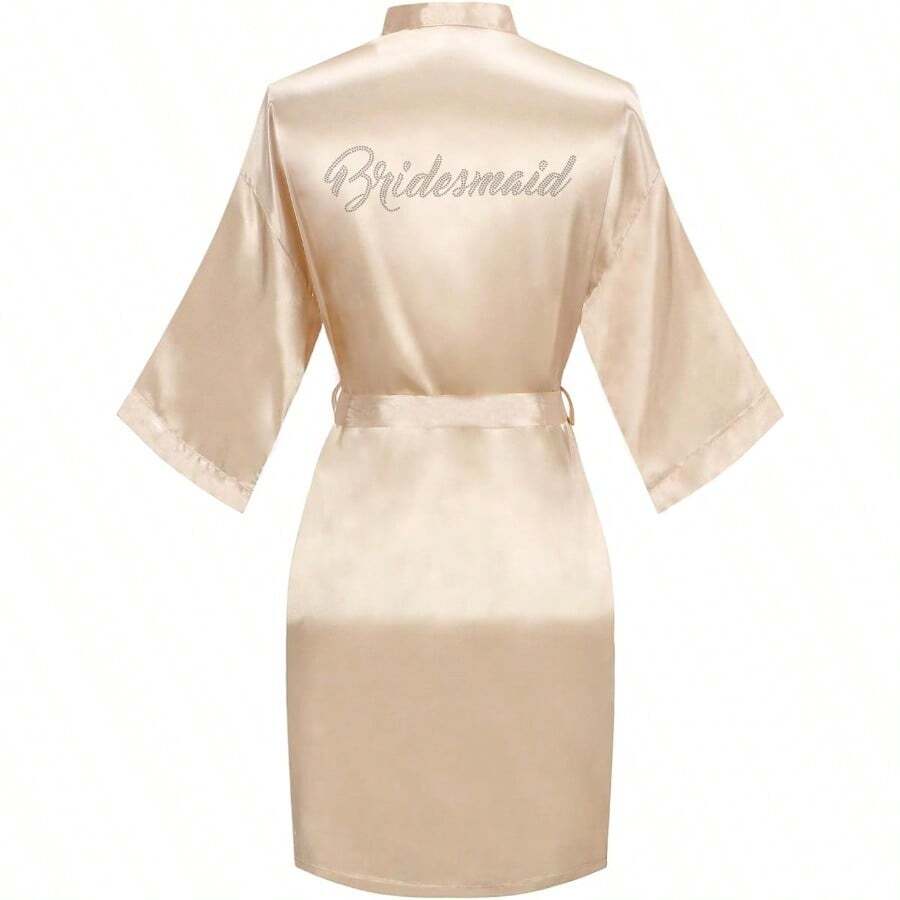 Women's Kimono Bride Bridesmaid Robes With Rhinestones Short Satin Bathrobes Wedding Party Getting Ready Day - 香檳色伴娘晨袍 - 查看 1