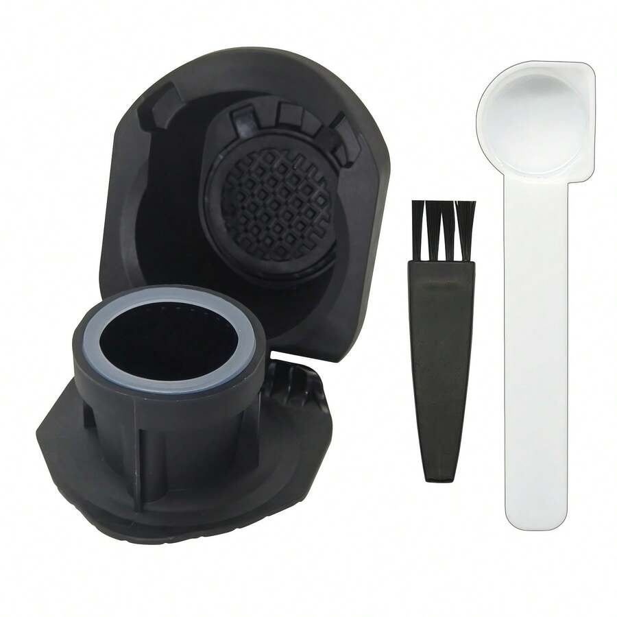 1个咖啡胶囊转换器，包含小刷子和勺子，兼容咖啡机，采用优质PP材料制成，可重复使用。 - 黑色 - 查看 1