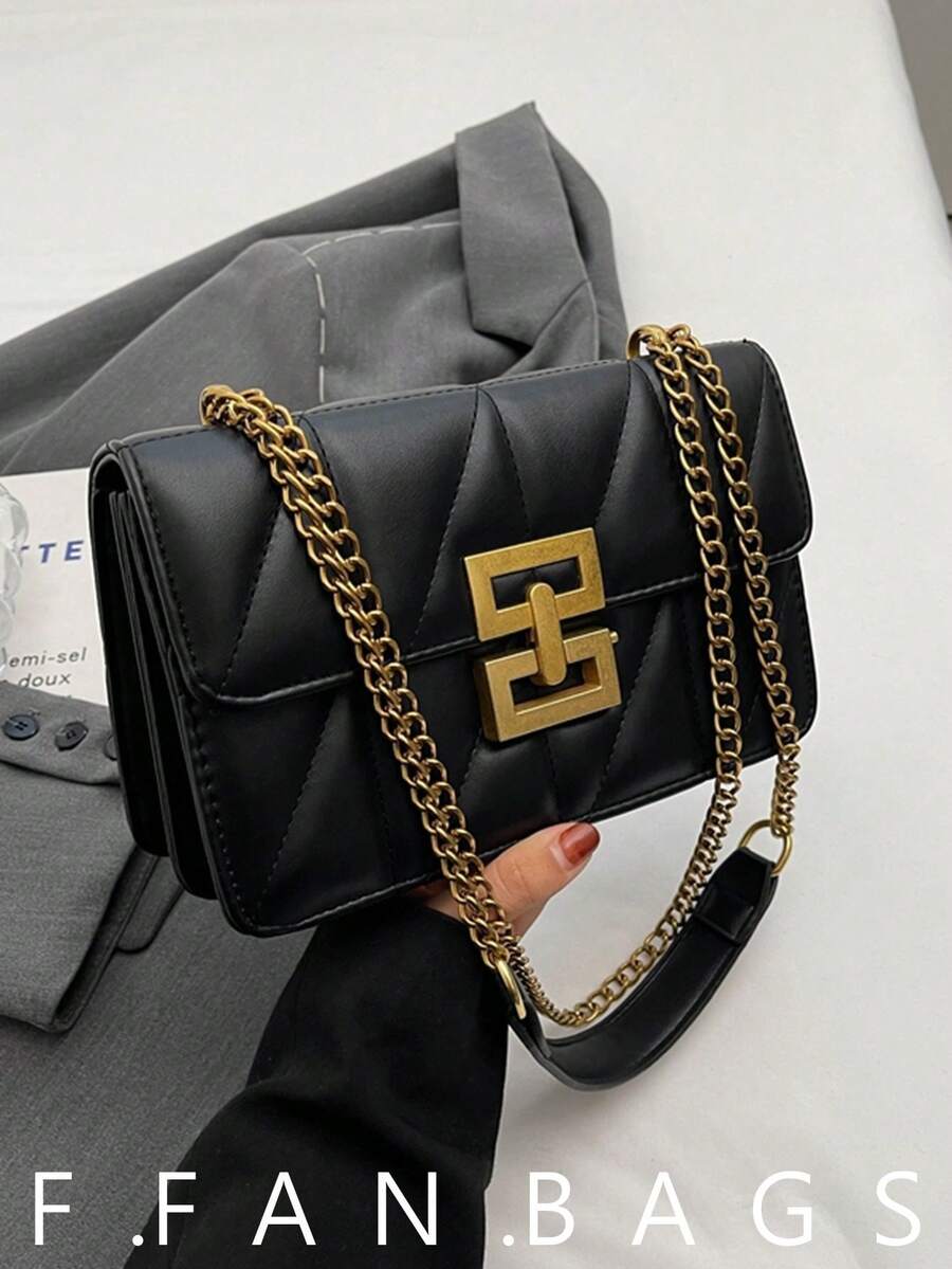 极简金属装饰链条单肩包，优雅PU皮革斜挎包，女士时尚手提包兼钱包 - 黑色 - 查看 1