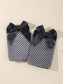 1双儿童蝴蝶结甜美可爱中筒网眼袜，镂空渔网女童袜，适合春夏穿着 - 彩色 - 查看 14