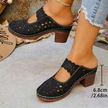Women's High-Heel Sandals | Retro Breathable Cut-Out & Laser-Cut Design | Slip-On With Patterned Strap, Closed Round Toe & Thick Heel |European-American Style Summer Back-To-School Shoes - 黑色 - 查看 2