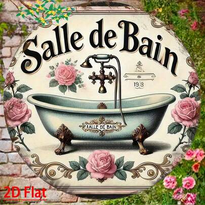 1pc 2D Flat, 2D Flat, [2D Flat] Vintage Bathroom Decor | "Salle De Bain" Vintage Bathtub Design | 20 Cm Round Sign, Paired With Elegant Blue And Pink Roses | Ideal For Bathroom Wall Art, Home, Hotel, Spa, And Public Restroom Decoration, Pre-Drilled Holes As Shown In Size Chart