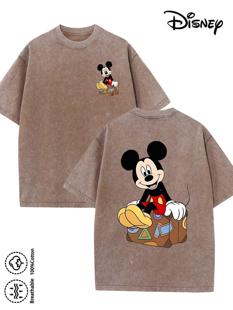Disney-Licensed Men's Cotton T-Shirt For The 2026 Family Holiday. Featuring A Stitch Motif, Washed Crew Neck, Soft And Comfortable Feel, Easy Care And Suitable For Various Occasions Such As Holidays, Everyday Life And Commuting – Full Of Festive Spirit. - 咖啡棕 - 查看 1