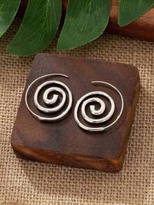 1 par de pendientes elegantes de mujer con flor y degradado de color, color plateado, con diseño circular hueco y espiral de gran tamaño, estilo único y popular - Plateado - Ver 4