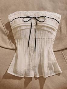 Women's Spring And Summer Strapless Top With Lace Trim Black Ribbon Bow Fashion Top - Ivory White - View 2
