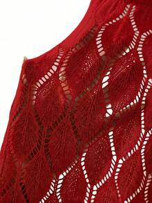 女士休闲V领纯色钩花开衩连衣裙，夏季纯白色，秋季返校季米黄色，秋冬季派对优雅长裙（图案随机）度假海滩 - 紅色 - 查看 8