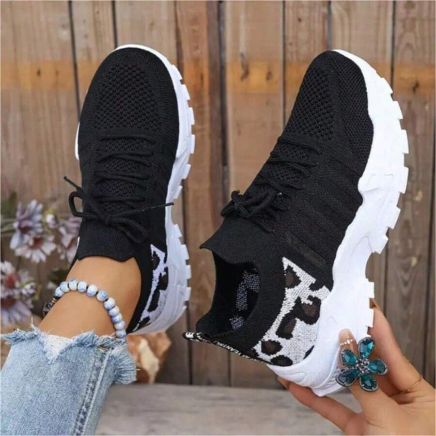 Lightweight Mesh Leopard Print Sneakers Lace-Up Style With Cushioned Sole Flexible & Comfortable Ideal For Gym Workouts Walking And Casual Daily Wear.