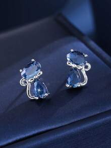 1 Pair Minimalist Double Rhinestone Cute Cat Zirconia Stud Earrings, Suitable For Friends, Dates, Daily Wear - W17874 - View 10