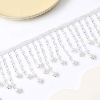 1 Dây viền ren tua rua ngọc trai giả màu trắng, kích thước 2.5-3.5 inch, thích hợp cho các sản phẩm may vá, thắt lưng váy cưới, phụ kiện đội đầu, trang trí quần áo.