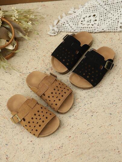 1 Pair Girls' Hollow Design Comfortable Soft Bottom Minimalist Fashion Slip-On Flat Sandals, Suitable For Summer Outdoor Wear