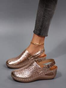 European And American Style Wedge Slide Sandals For Women, Backstrap Buckle Slip-On Casual Shoes, Versatile Matte Leather Commuter Shoes - Champagne - View 5