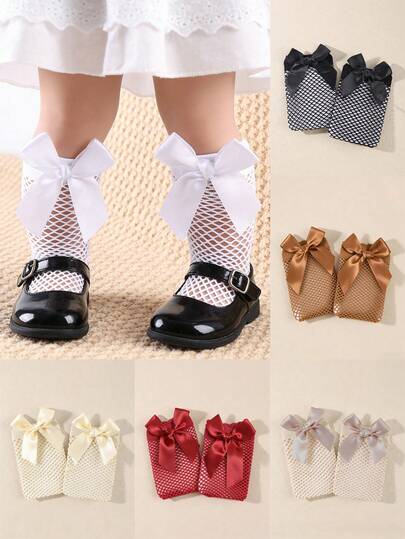 1 Pair Children's Bow Tie Sweet Cute Mid-Calf Mesh Socks, Fishnet Hollow Out Girls' Socks For Spring/Summer